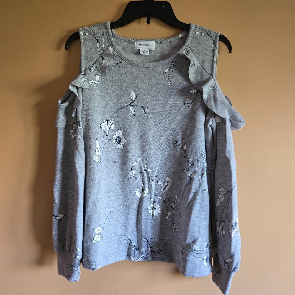 Liz Claiborne Floral Ruffle Cold Shoulder Sweatshirt Type Top PTP=18.5"